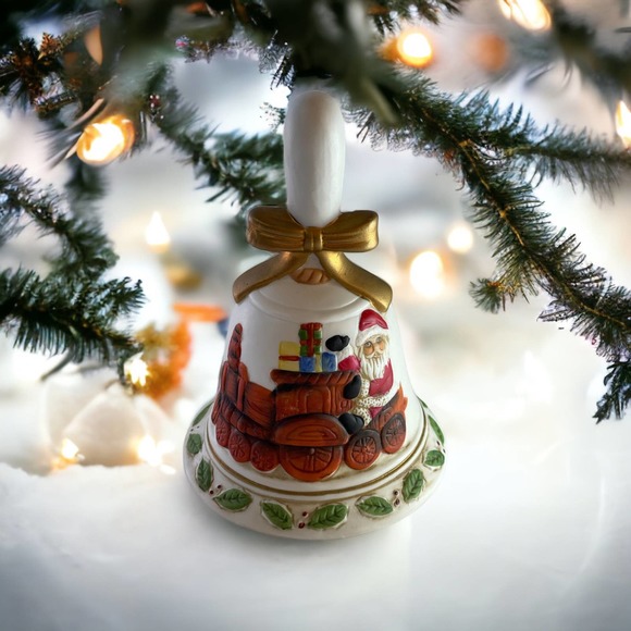 Flambro Vintage Porcelain Christmas Bell with Santa Riding a Train. - Picture 1 of 3